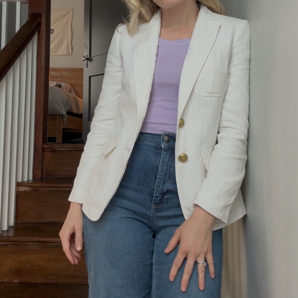 J. Crew White Linen Blazer with Gold Hardware